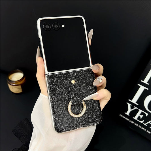 For Samsung Galaxy Z Flip7 5G Case Electroplated Glitter PU Leather + PC Protective Cover with Portable Ring Strap - Black