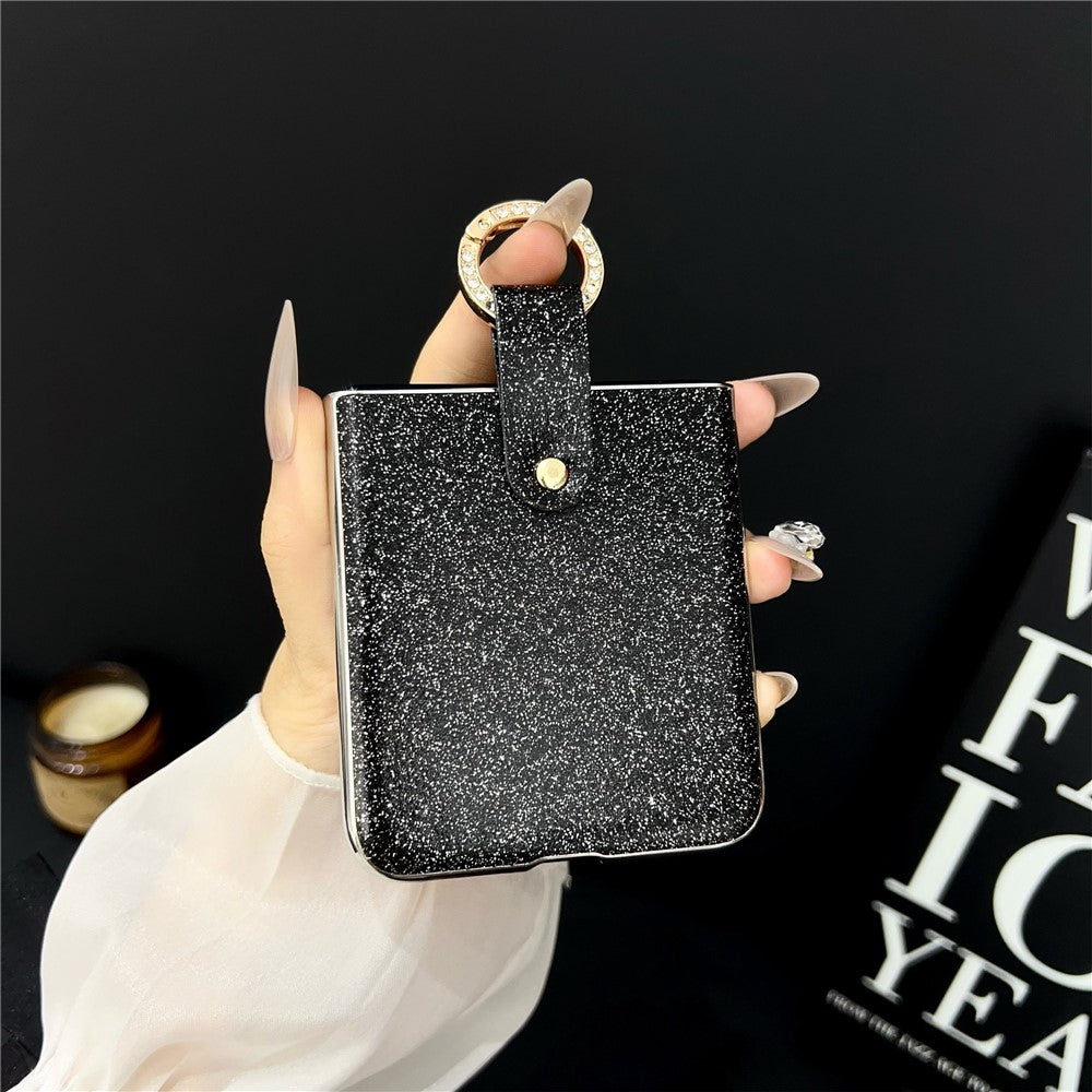For Samsung Galaxy Z Flip7 5G Case Electroplated Glitter PU Leather + PC Protective Cover with Portable Ring Strap - Black