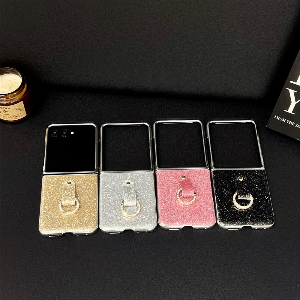 For Samsung Galaxy Z Flip7 5G Case Electroplated Glitter PU Leather + PC Protective Cover with Portable Ring Strap - Black