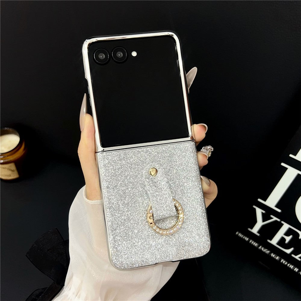 For Samsung Galaxy Z Flip7 5G Case Electroplated Glitter PU Leather + PC Protective Cover with Portable Ring Strap - Silver