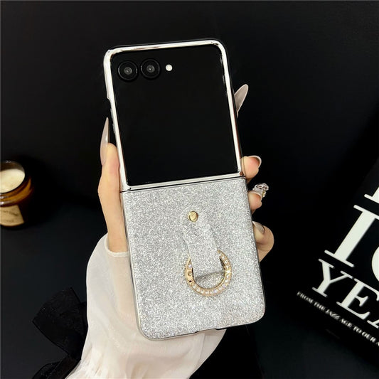For Samsung Galaxy Z Flip7 5G Case Electroplated Glitter PU Leather + PC Protective Cover with Portable Ring Strap - Silver