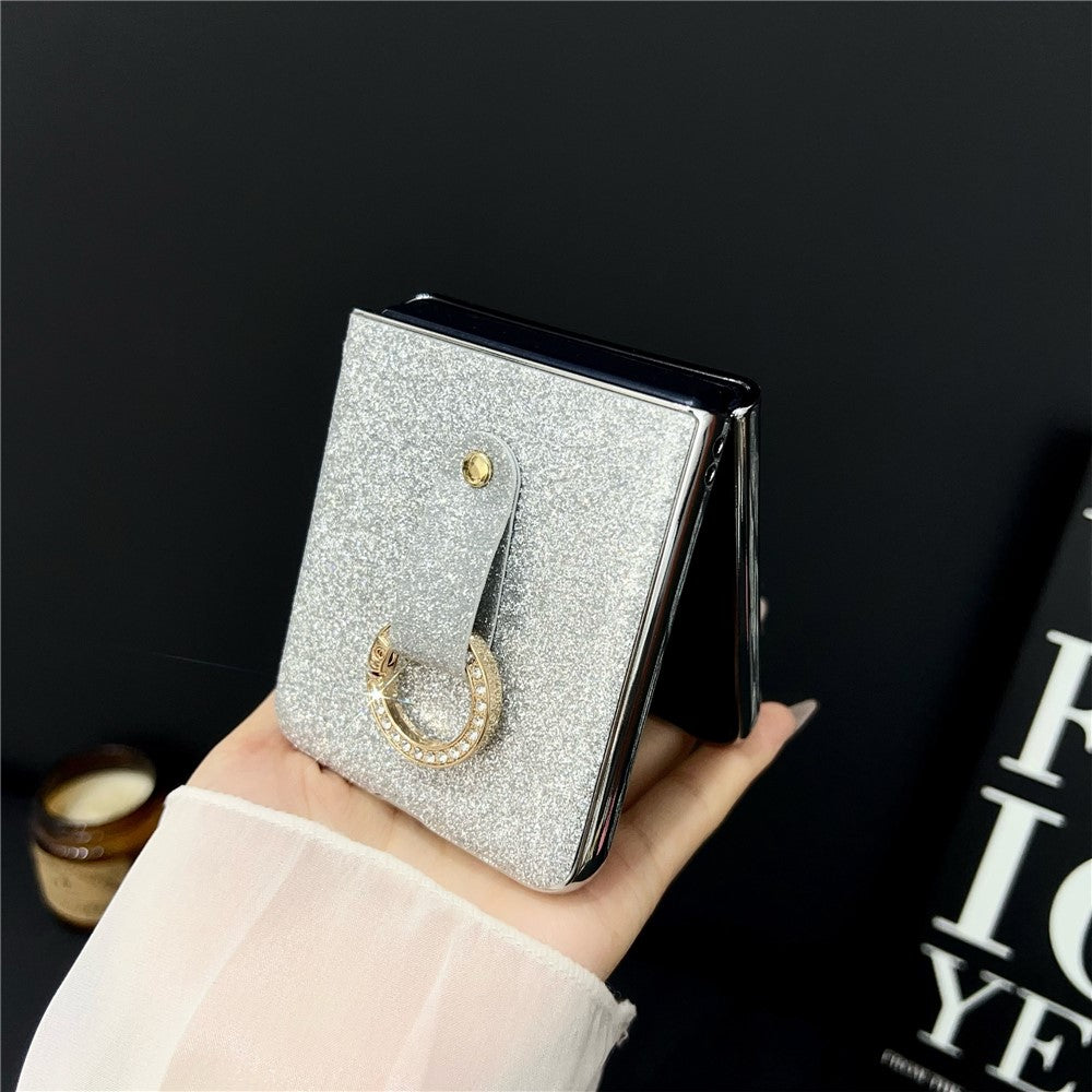 For Samsung Galaxy Z Flip7 5G Case Electroplated Glitter PU Leather + PC Protective Cover with Portable Ring Strap - Silver