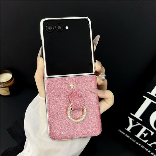 For Samsung Galaxy Z Flip7 5G Case Electroplated Glitter PU Leather + PC Protective Cover with Portable Ring Strap - Pink