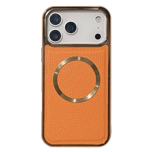 For iPhone 17 Pro Max Magnetic Case Electroplating Litchi Texture PU TPU PC Phone Back Cover - Orange