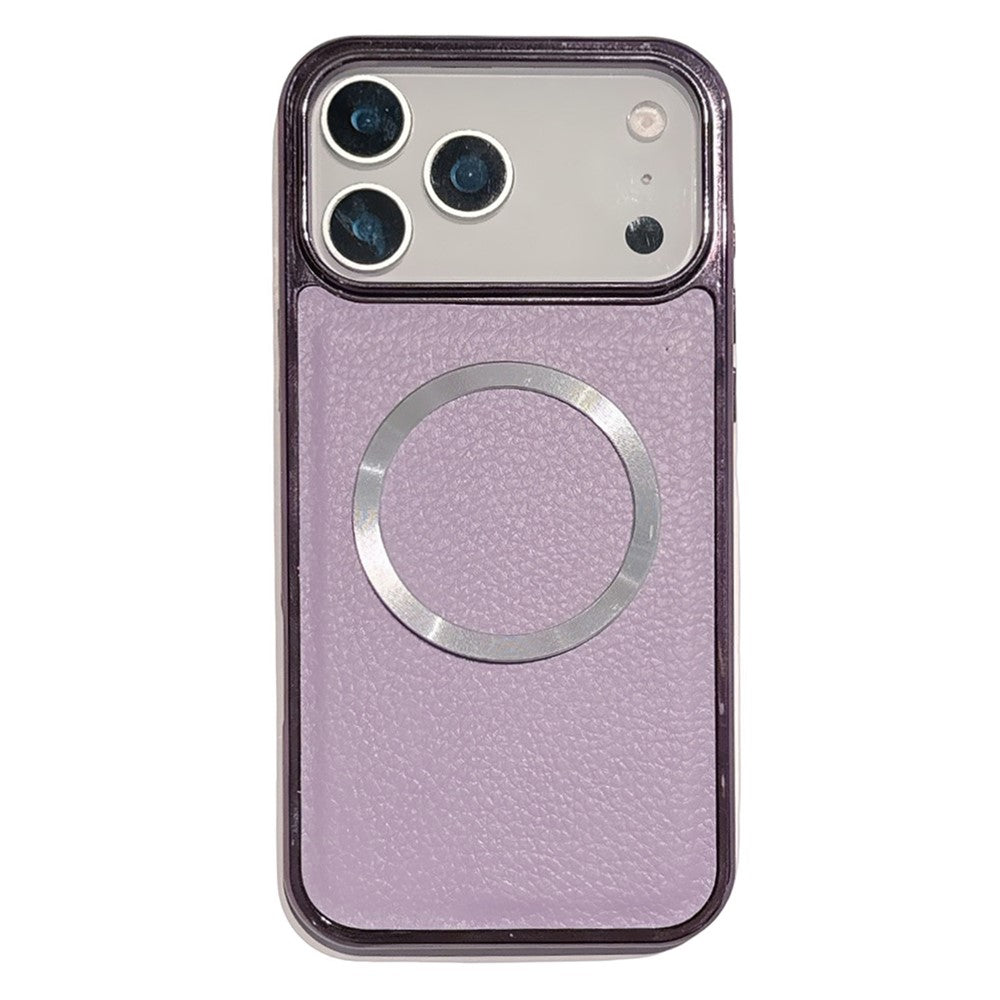 For iPhone 17 Pro Max Magnetic Case Electroplating Litchi Texture PU TPU PC Phone Back Cover - Purple