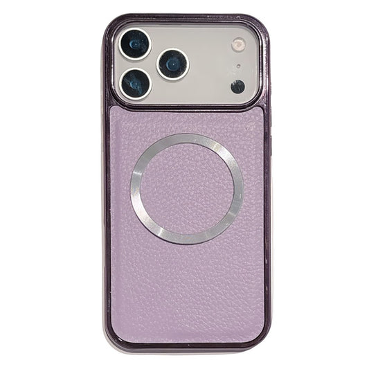 For iPhone 17 Pro Max Magnetic Case Electroplating Litchi Texture PU TPU PC Phone Back Cover - Purple