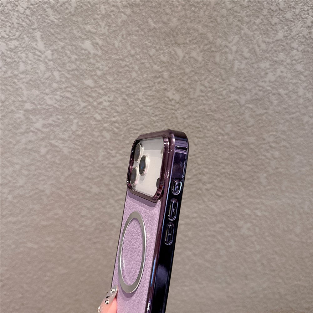 For iPhone 17 Pro Max Magnetic Case Electroplating Litchi Texture PU TPU PC Phone Back Cover - Purple