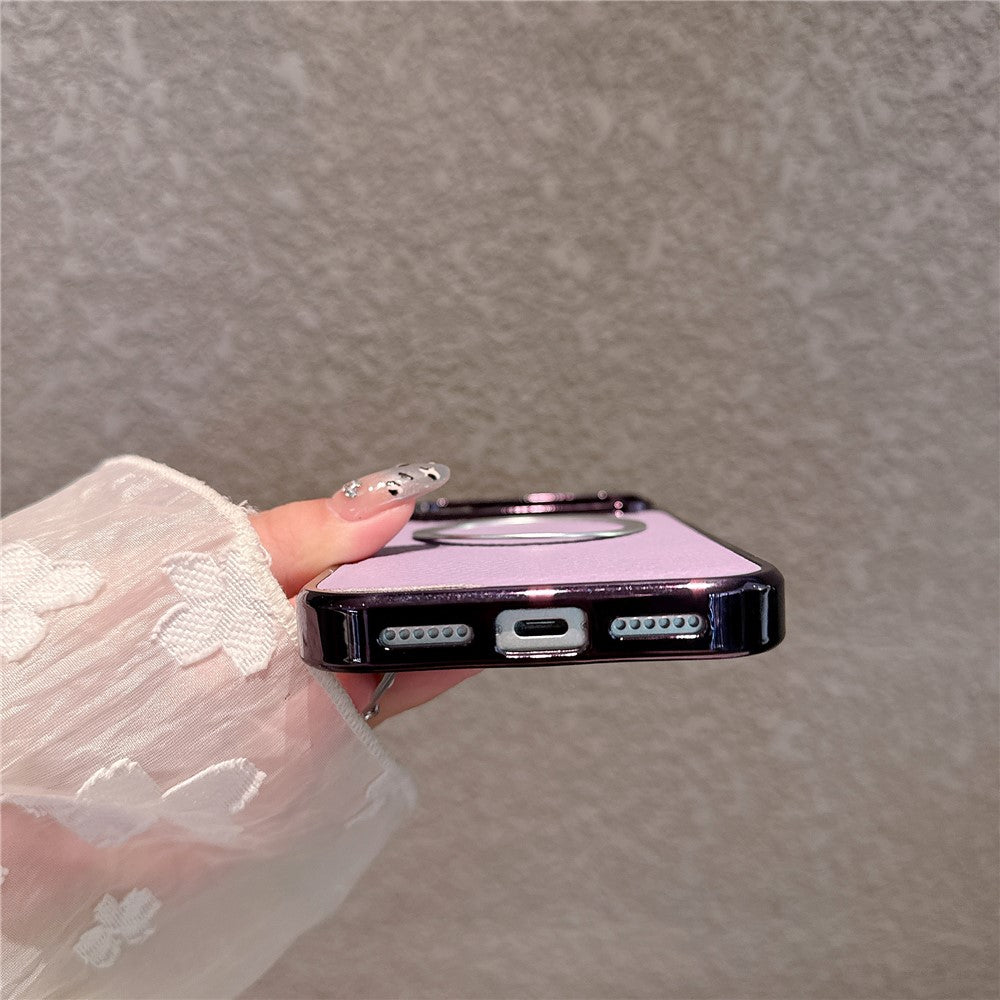 For iPhone 17 Pro Max Magnetic Case Electroplating Litchi Texture PU TPU PC Phone Back Cover - Purple