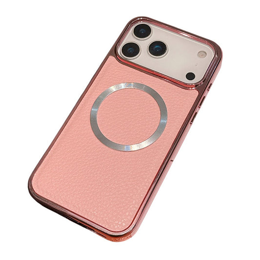 For iPhone 17 Pro Max Magnetic Case Electroplating Litchi Texture PU TPU PC Phone Back Cover - Pink