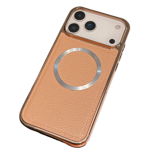 For iPhone 17 Pro Max Magnetic Case Electroplating Litchi Texture PU TPU PC Phone Back Cover - Gold