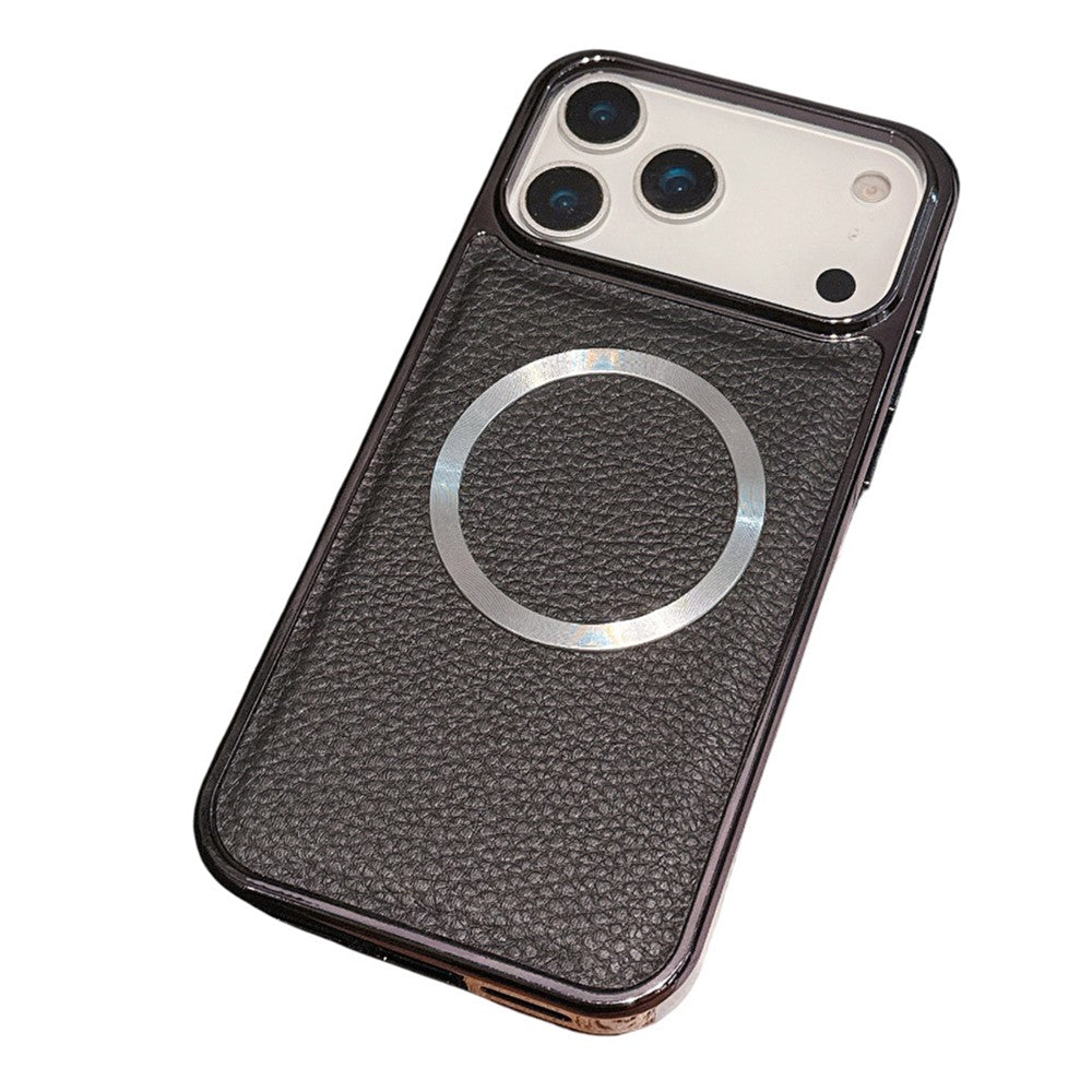 For iPhone 17 Pro Max Magnetic Case Electroplating Litchi Texture PU TPU PC Phone Back Cover - Black