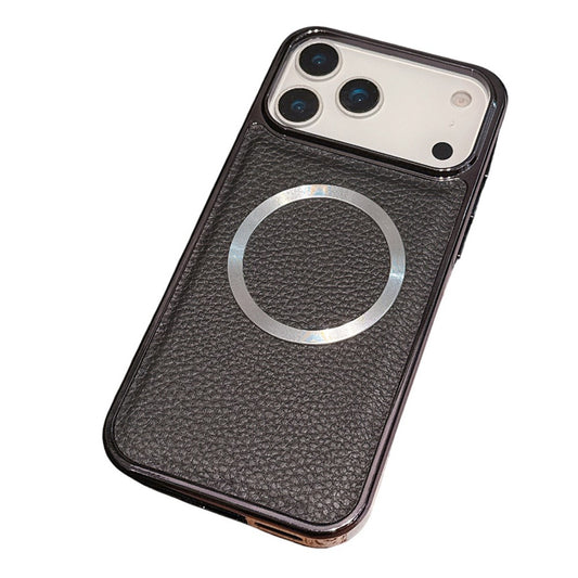 For iPhone 17 Pro Max Magnetic Case Electroplating Litchi Texture PU TPU PC Phone Back Cover - Black