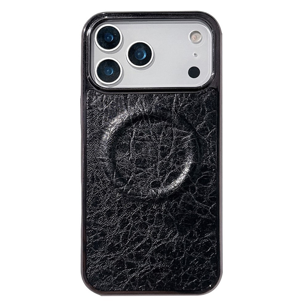 For iPhone 17 Pro Max Magnetic Case Electroplated Crackle Litchi Texture PU TPU PC Phone Back Cover - Black