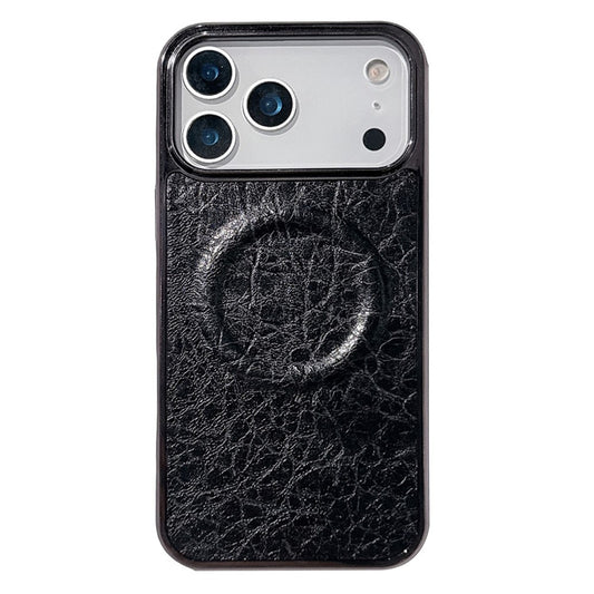 For iPhone 17 Pro Max Magnetic Case Electroplated Crackle Litchi Texture PU TPU PC Phone Back Cover - Black