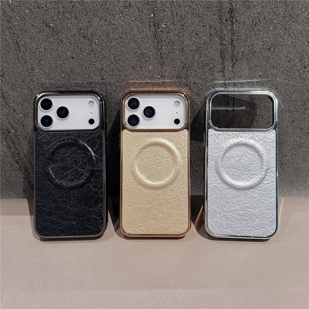 For iPhone 17 Pro Max Magnetic Case Electroplated Crackle Litchi Texture PU TPU PC Phone Back Cover - Black