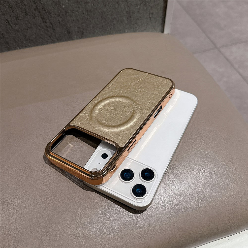 For iPhone 17 Pro Max Magnetic Case Electroplated Crackle Litchi Texture PU TPU PC Phone Back Cover - Gold