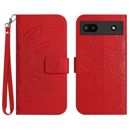 For Google Pixel 6a HT04 Mobile Phone Case, Drop Prevention Skin-Touch PU Leather Imprinted Sunflower Stand Wallet Cover with Hand Strap - Red