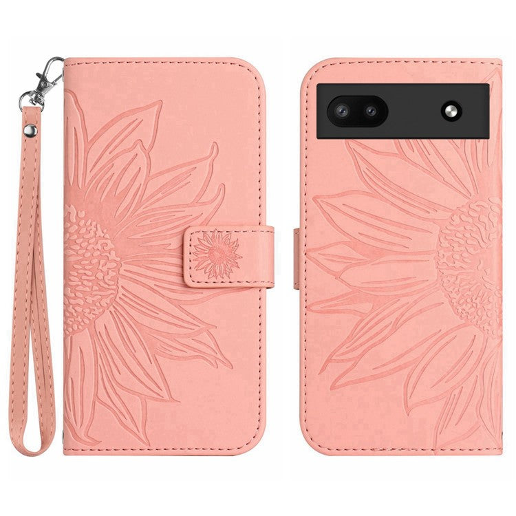 For Google Pixel 6a HT04 Mobile Phone Case, Drop Prevention Skin-Touch PU Leather Imprinted Sunflower Stand Wallet Cover with Hand Strap - Light Pink