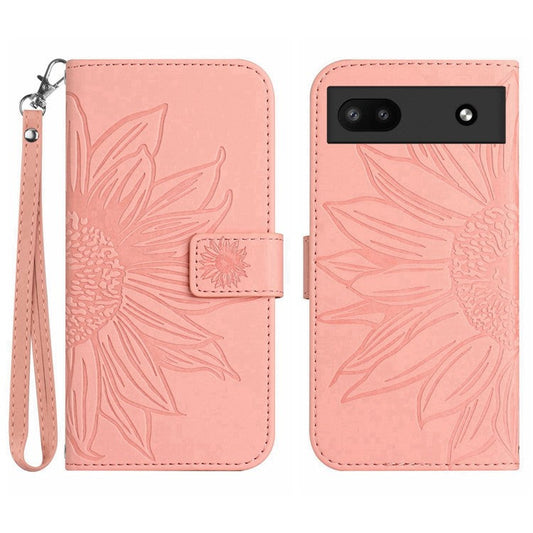 For Google Pixel 6a HT04 Mobile Phone Case, Drop Prevention Skin-Touch PU Leather Imprinted Sunflower Stand Wallet Cover with Hand Strap - Light Pink