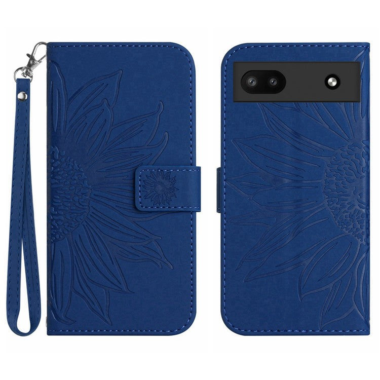 For Google Pixel 6a HT04 Mobile Phone Case, Drop Prevention Skin-Touch PU Leather Imprinted Sunflower Stand Wallet Cover with Hand Strap - Sapphire