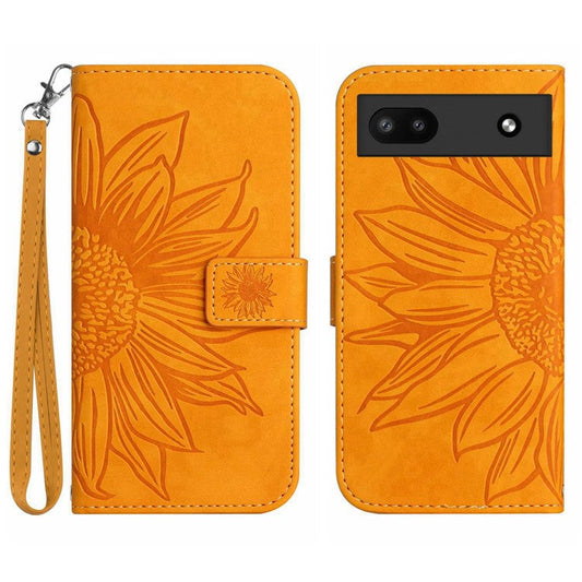 For Google Pixel 6a HT04 Mobile Phone Case, Drop Prevention Skin-Touch PU Leather Imprinted Sunflower Stand Wallet Cover with Hand Strap - Yellow
