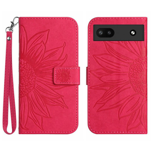 For Google Pixel 6a HT04 Mobile Phone Case, Drop Prevention Skin-Touch PU Leather Imprinted Sunflower Stand Wallet Cover with Hand Strap - Rose