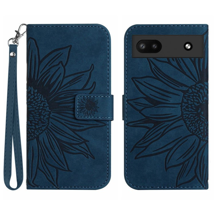 For Google Pixel 6a HT04 Mobile Phone Case, Drop Prevention Skin-Touch PU Leather Imprinted Sunflower Stand Wallet Cover with Hand Strap - Dark Blue