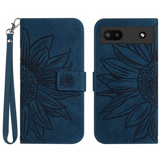 For Google Pixel 6a HT04 Mobile Phone Case, Drop Prevention Skin-Touch PU Leather Imprinted Sunflower Stand Wallet Cover with Hand Strap - Dark Blue