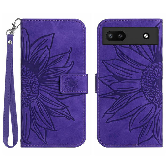 For Google Pixel 6a HT04 Mobile Phone Case, Drop Prevention Skin-Touch PU Leather Imprinted Sunflower Stand Wallet Cover with Hand Strap - Dark Purple