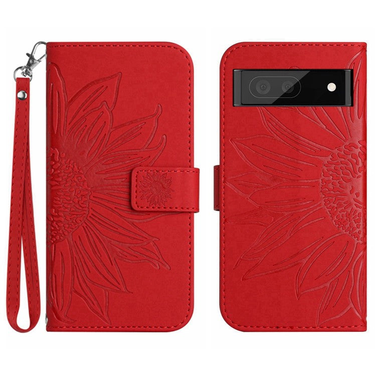 For Google Pixel 7 Pro 5G HT04 Phone Case, Collision Resistant Skin-Touch PU Leather Imprinted Sunflower Stand Wallet Cover with Hand Strap - Red