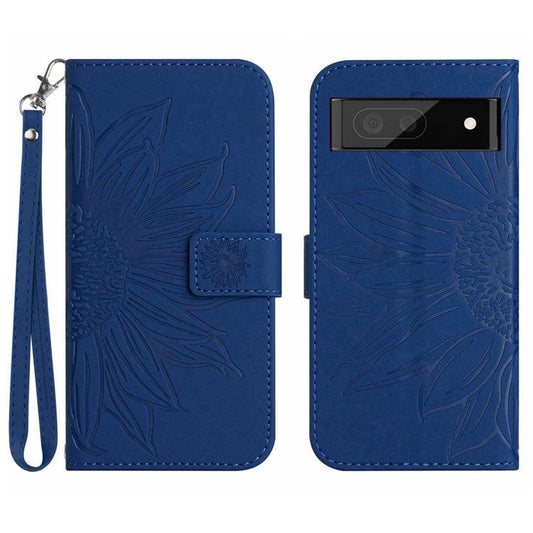 For Google Pixel 7 Pro 5G HT04 Phone Case, Collision Resistant Skin-Touch PU Leather Imprinted Sunflower Stand Wallet Cover with Hand Strap - Sapphire