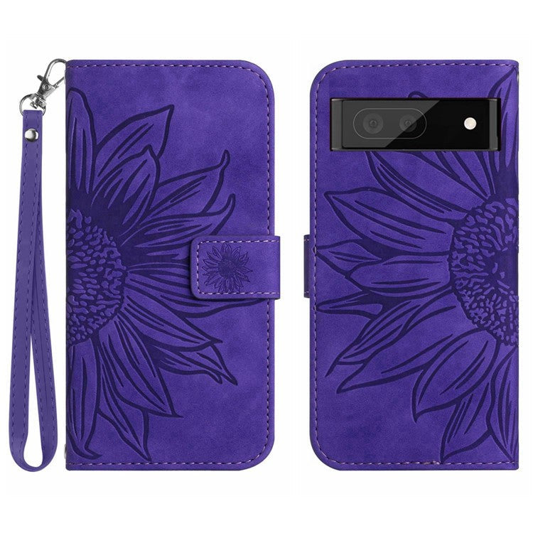 For Google Pixel 7 Pro 5G HT04 Phone Case, Collision Resistant Skin-Touch PU Leather Imprinted Sunflower Stand Wallet Cover with Hand Strap - Dark Purple