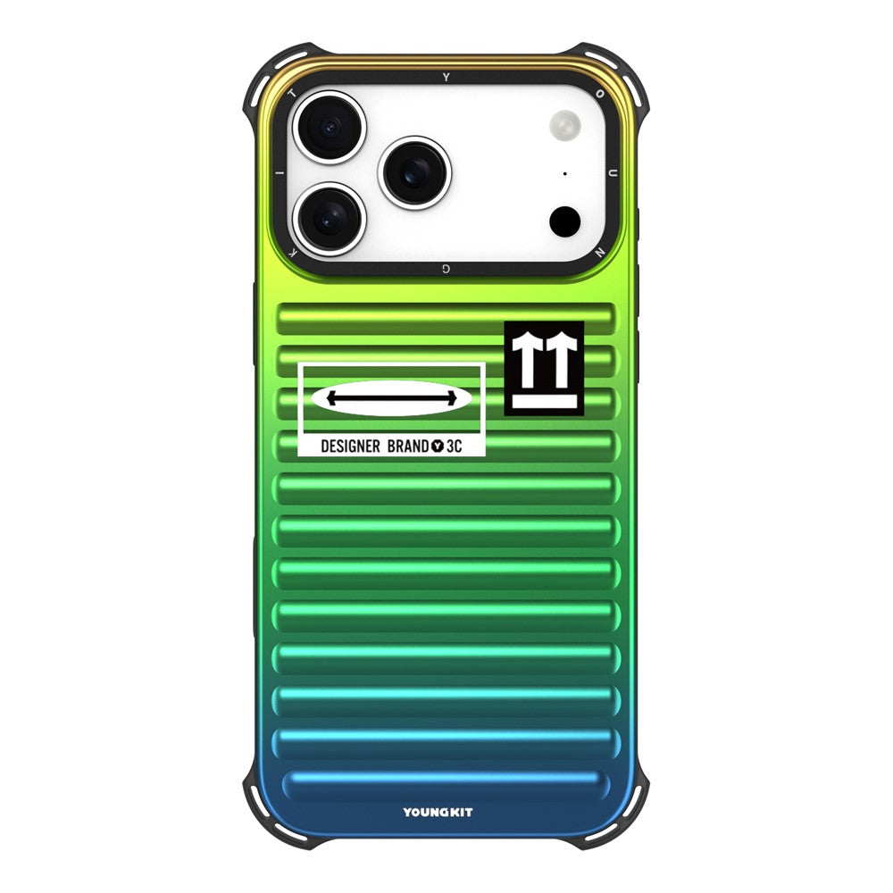 YOUNGKIT For iPhone 17 Pro Max Case Suitcase Style TPU + Aluminium Alloy Laser Gradient Phone Cover - Orange  /  Green  /  Blue