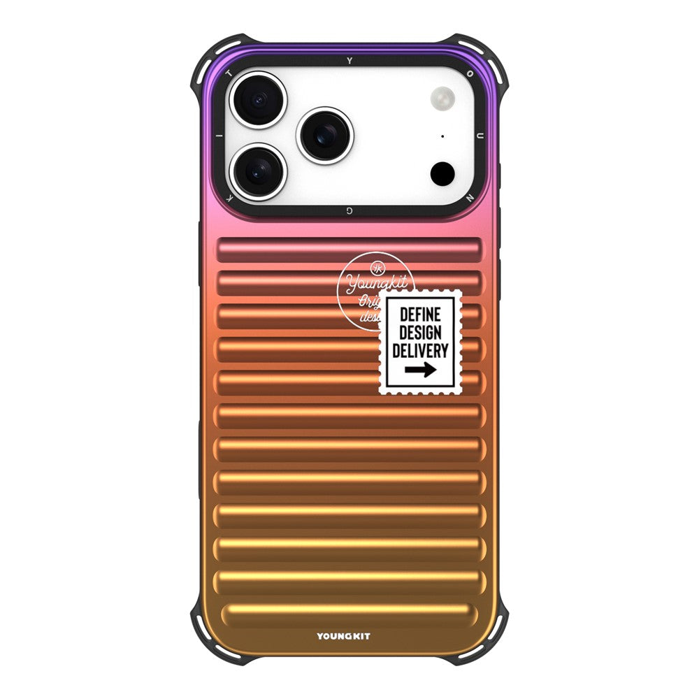 YOUNGKIT For iPhone 17 Pro Max Case Suitcase Style TPU + Aluminium Alloy Laser Gradient Phone Cover - Purple  /  Red  /  Yellow
