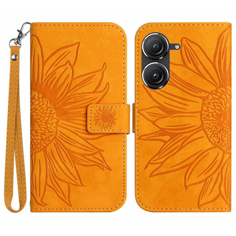 For Asus Zenfone 9 5G HT04 Imprinted Sunflower Wallet Case Skin-Touch PU Leather Stand Feature Flip Phone Cover with Hand Strap - Yellow