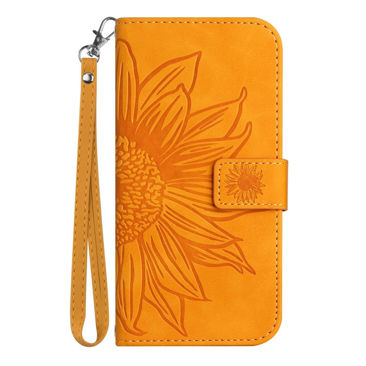 For Asus Zenfone 9 5G HT04 Imprinted Sunflower Wallet Case Skin-Touch PU Leather Stand Feature Flip Phone Cover with Hand Strap - Yellow