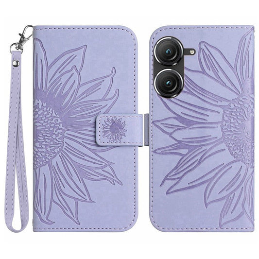 For Asus Zenfone 9 5G HT04 Imprinted Sunflower Wallet Case Skin-Touch PU Leather Stand Feature Flip Phone Cover with Hand Strap - Light Purple