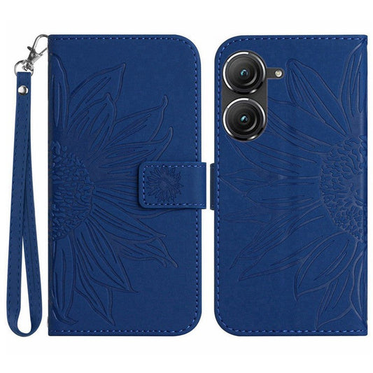 For Asus Zenfone 9 5G HT04 Imprinted Sunflower Wallet Case Skin-Touch PU Leather Stand Feature Flip Phone Cover with Hand Strap - Sapphire