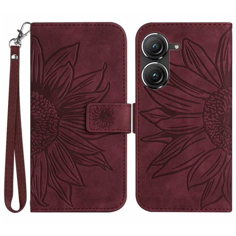 For Asus Zenfone 9 5G HT04 Imprinted Sunflower Wallet Case Skin-Touch PU Leather Stand Feature Flip Phone Cover with Hand Strap - Wine Red