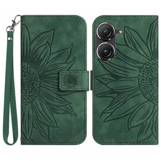 For Asus Zenfone 9 5G HT04 Imprinted Sunflower Wallet Case Skin-Touch PU Leather Stand Feature Flip Phone Cover with Hand Strap - Dark Green