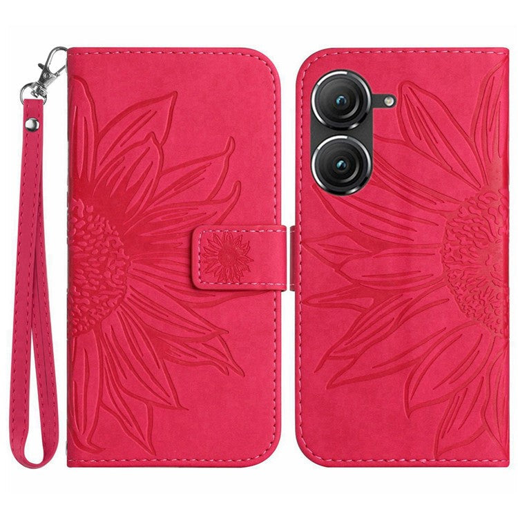 For Asus Zenfone 9 5G HT04 Imprinted Sunflower Wallet Case Skin-Touch PU Leather Stand Feature Flip Phone Cover with Hand Strap - Rose