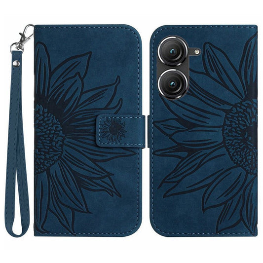 For Asus Zenfone 9 5G HT04 Imprinted Sunflower Wallet Case Skin-Touch PU Leather Stand Feature Flip Phone Cover with Hand Strap - Dark Blue