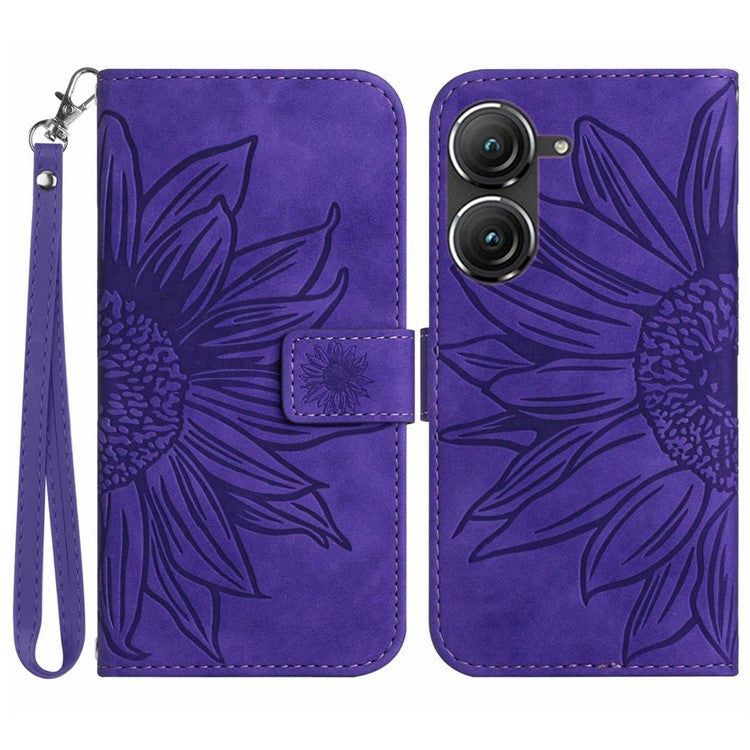 For Asus Zenfone 9 5G HT04 Imprinted Sunflower Wallet Case Skin-Touch PU Leather Stand Feature Flip Phone Cover with Hand Strap - Dark Purple