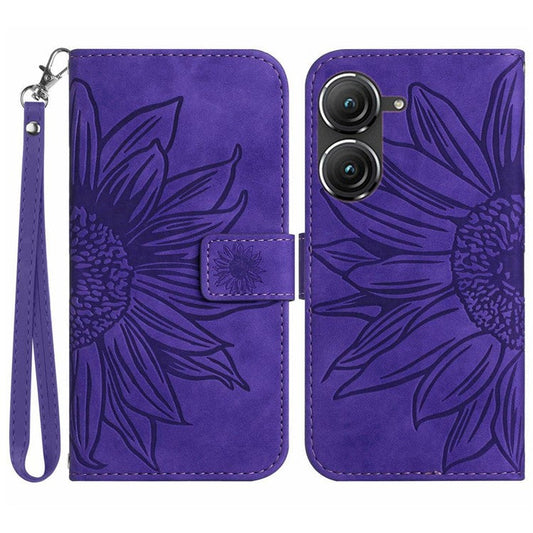 For Asus Zenfone 9 5G HT04 Imprinted Sunflower Wallet Case Skin-Touch PU Leather Stand Feature Flip Phone Cover with Hand Strap - Dark Purple