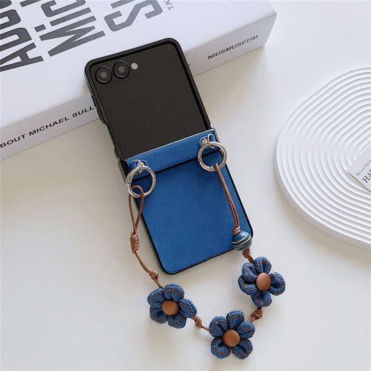 For Samsung Galaxy Z Flip7 5G Case Jeans Cloth Texture TPU + PC Phone Cover with Floral Strap - Dark Blue