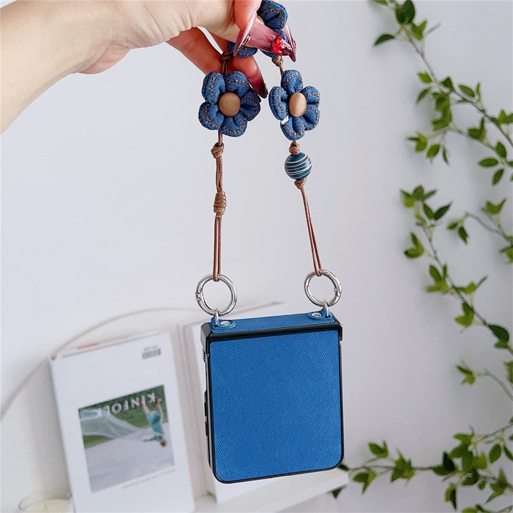 For Samsung Galaxy Z Flip7 5G Case Jeans Cloth Texture TPU + PC Phone Cover with Floral Strap - Dark Blue