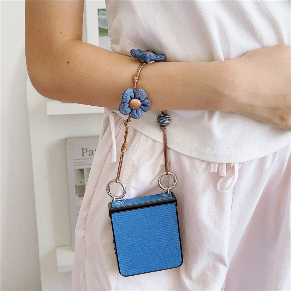 For Samsung Galaxy Z Flip7 5G Case Jeans Cloth Texture TPU + PC Phone Cover with Floral Strap - Dark Blue