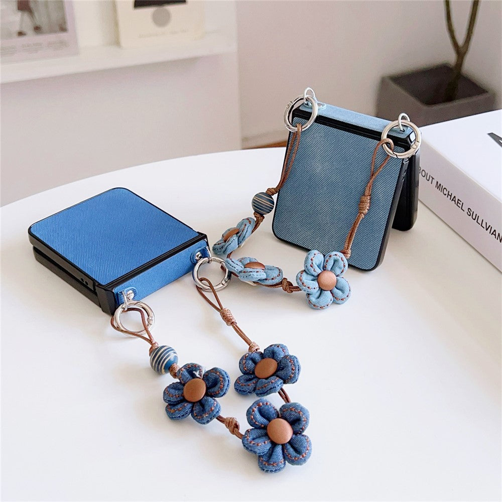 For Samsung Galaxy Z Flip7 5G Case Jeans Cloth Texture TPU + PC Phone Cover with Floral Strap - Dark Blue