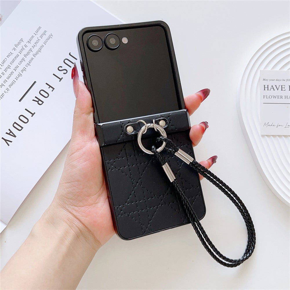 For Samsung Galaxy Z Flip7 5G Case Imprinted Rhombus TPU + PC Phone Cover with Wrist Strap - Black