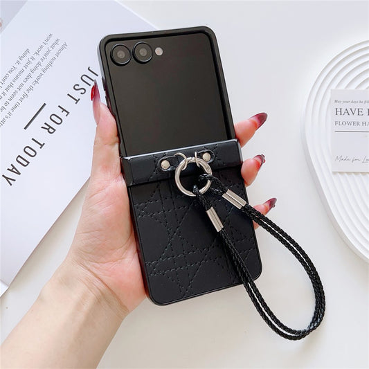 For Samsung Galaxy Z Flip7 5G Case Imprinted Rhombus TPU + PC Phone Cover with Wrist Strap - Black